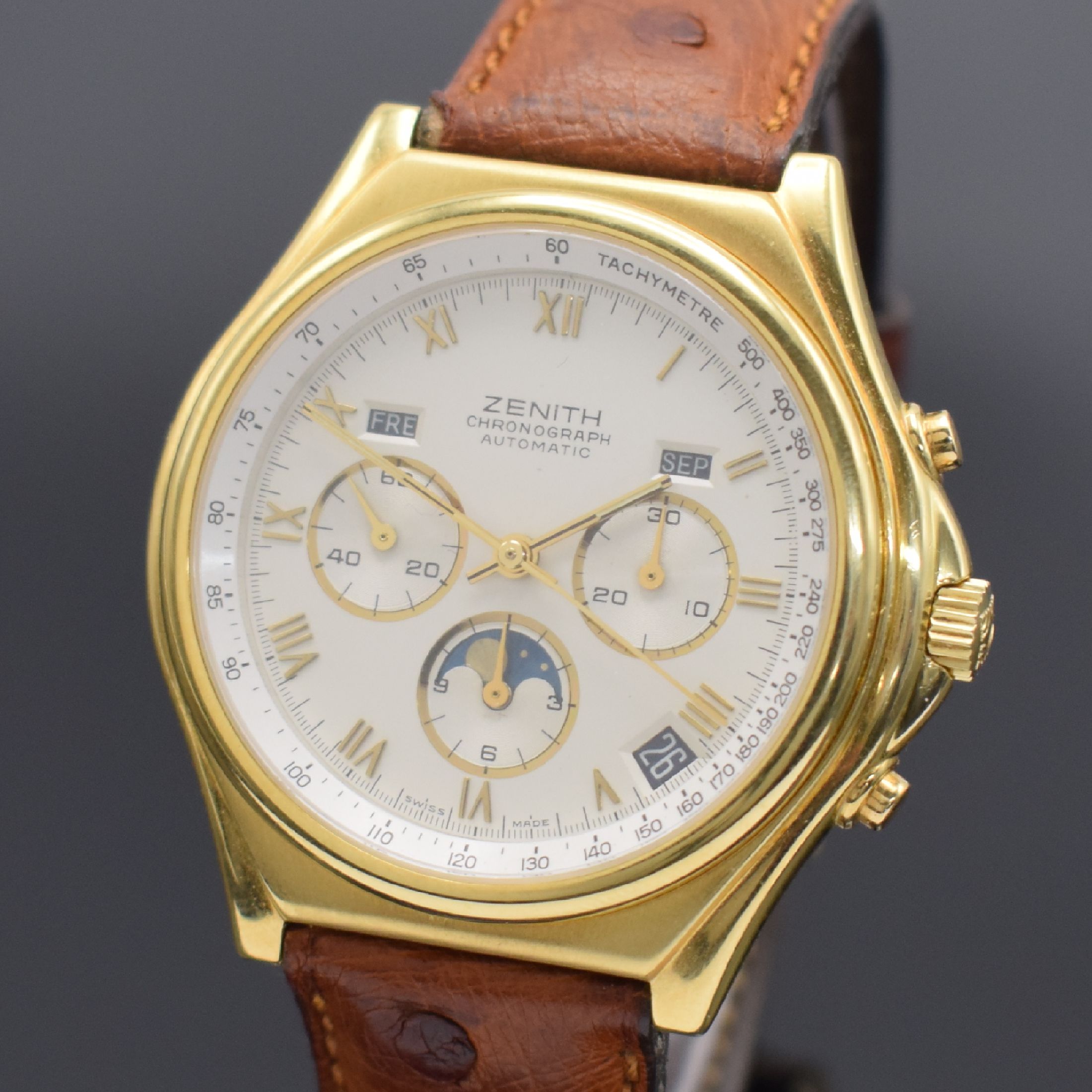Detail a: ZENITH Academy El Primero Herrenchronograph mit Vollkalender in GG 750/000 Referenz 30.0150.418, Schweiz um 1985, Automatik, teils matt. Geh., ...