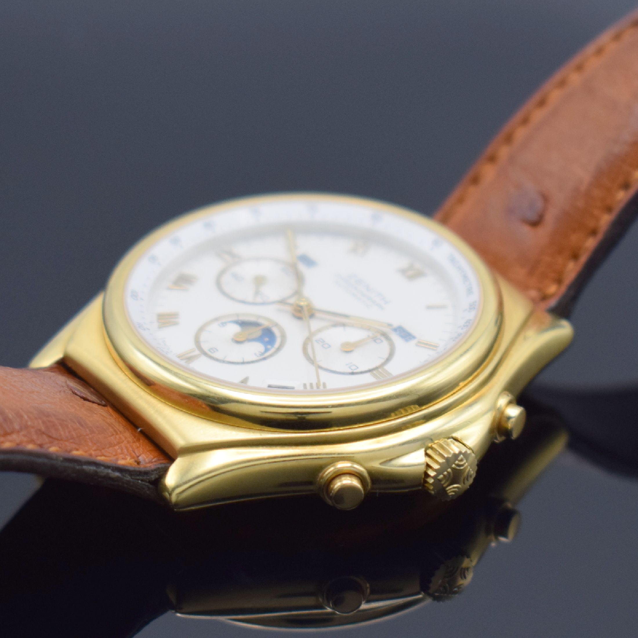Detail b: ZENITH Academy El Primero Herrenchronograph mit Vollkalender in GG 750/000 Referenz 30.0150.418, Schweiz um 1985, Automatik, teils matt. Geh., ...