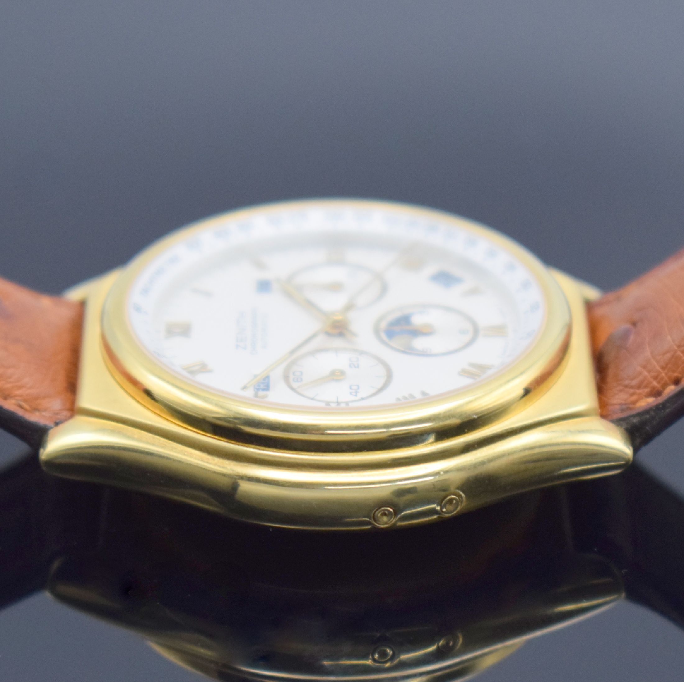 Detail c: ZENITH Academy El Primero Herrenchronograph mit Vollkalender in GG 750/000 Referenz 30.0150.418, Schweiz um 1985, Automatik, teils matt. Geh., ...