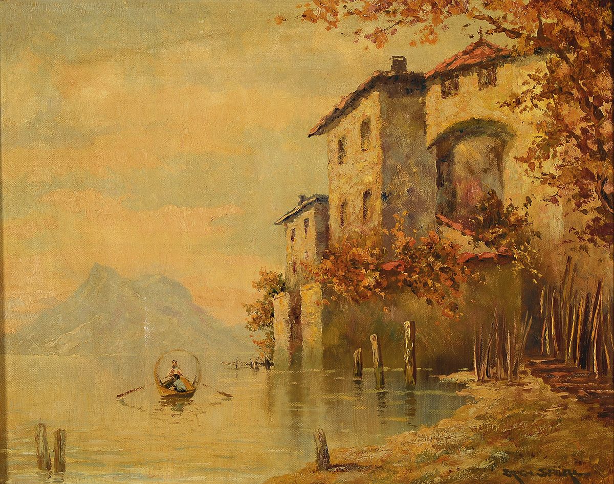Prof. Erich Spörl, Künstler des 20.Jh., Münchner Schule, "Abend in Tessin" Partie am Gardasee, rechts unten signiert, Öl/Lwd, Rahmen, ...
