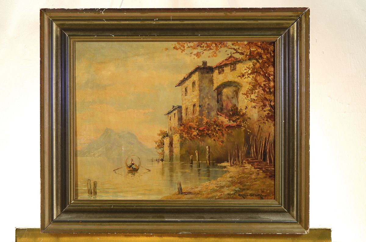 Detail k: Prof. Erich Spörl, Künstler des 20.Jh., Münchner Schule, "Abend in Tessin" Partie am Gardasee, rechts unten signiert, Öl/Lwd, Rahmen, ...