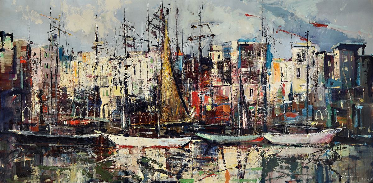 Ingfried Paul Henze Morro, 1925 Leipzig-2013 , Studium an den Akademien Leipzig und München, Hafenlandschaft mit vor Anker liegenden Segelschiffen, ...