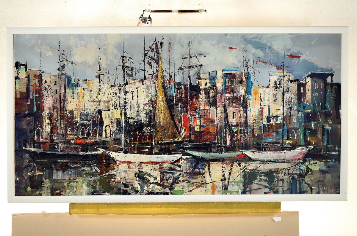 Detail k: Ingfried Paul Henze Morro, 1925 Leipzig-2013 , Studium an den Akademien Leipzig und München, Hafenlandschaft mit vor Anker liegenden Segelschiffen, ...