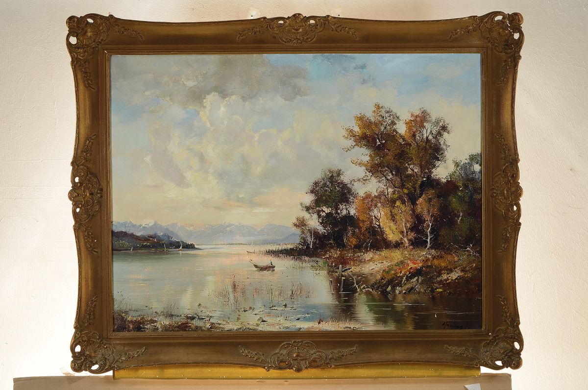 Detail k: Ingfried Paul Henze Morro, 1925 Leipzig - 2013, Studium an den Akademien Leipzig und München, "Am Chiemsee", so verso bez., Uferlandschaft ...