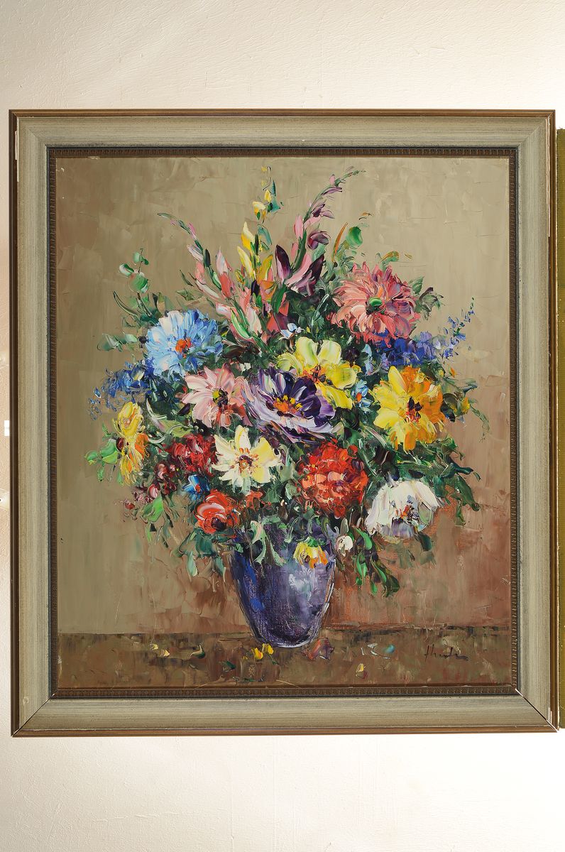 Detail k: Ingfried Paul Henze Morro, 1925 Leipzig - 2013, Studium an den Akademien Leipzig und München, sehr buntes Blumenstillleben in pastosem Farbauftrag, ...