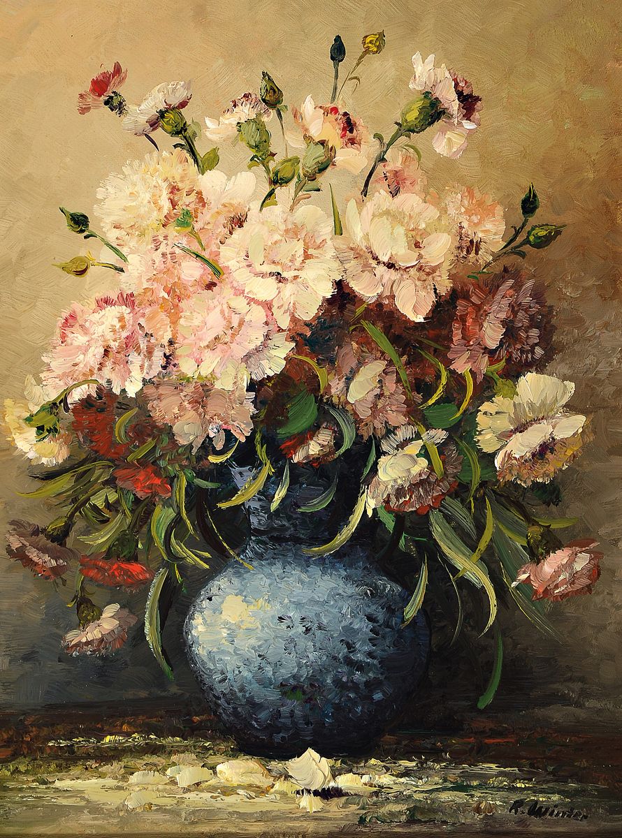 R. Winter, Künstler des 20.Jh., Blumenstillleben, signiert, Öl/Lwd, Rahmen, 53x42 cm