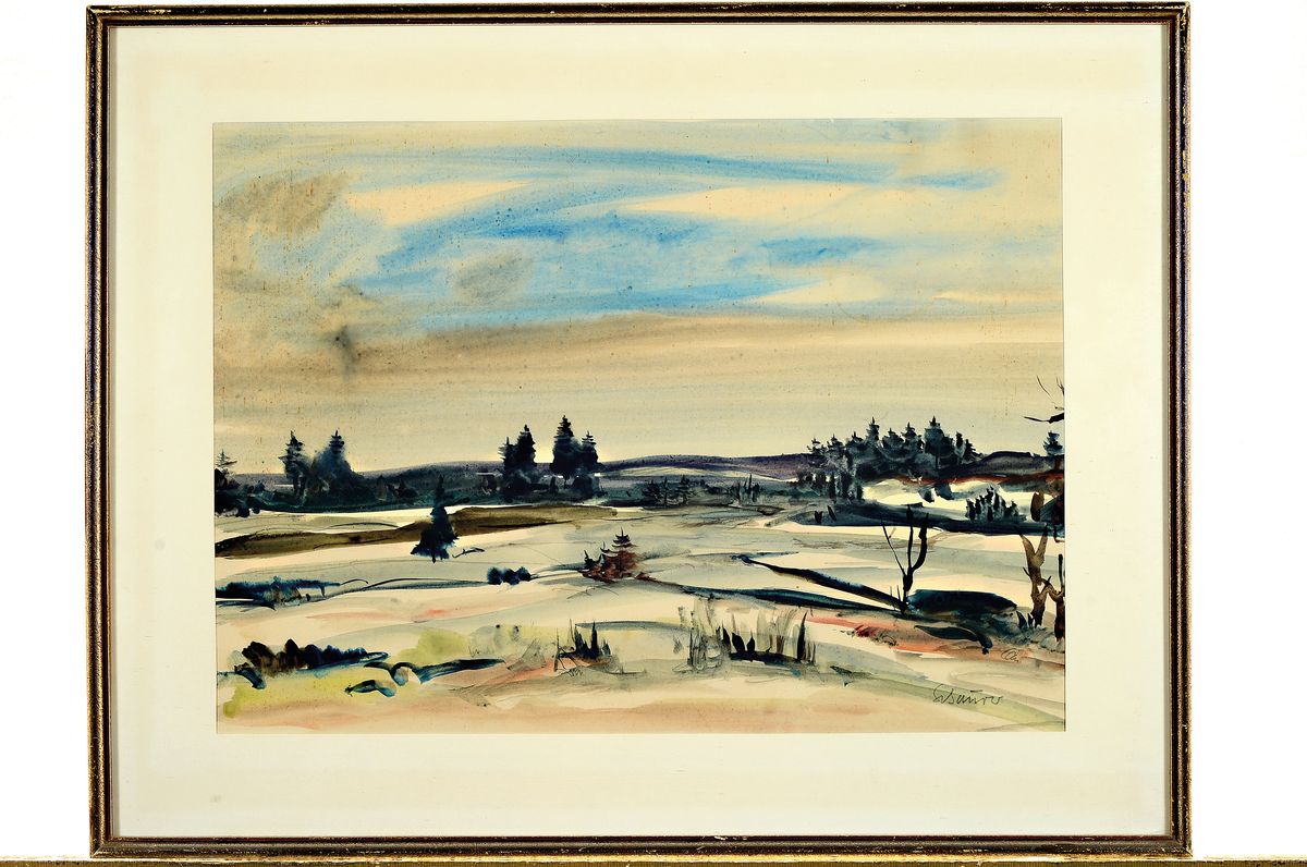 Detail k: Schäurer, Künstler des 20.Jh., Aquarell, Winterlandschaft, unter PP und Glas gerahmt, ca. 43x58 cm