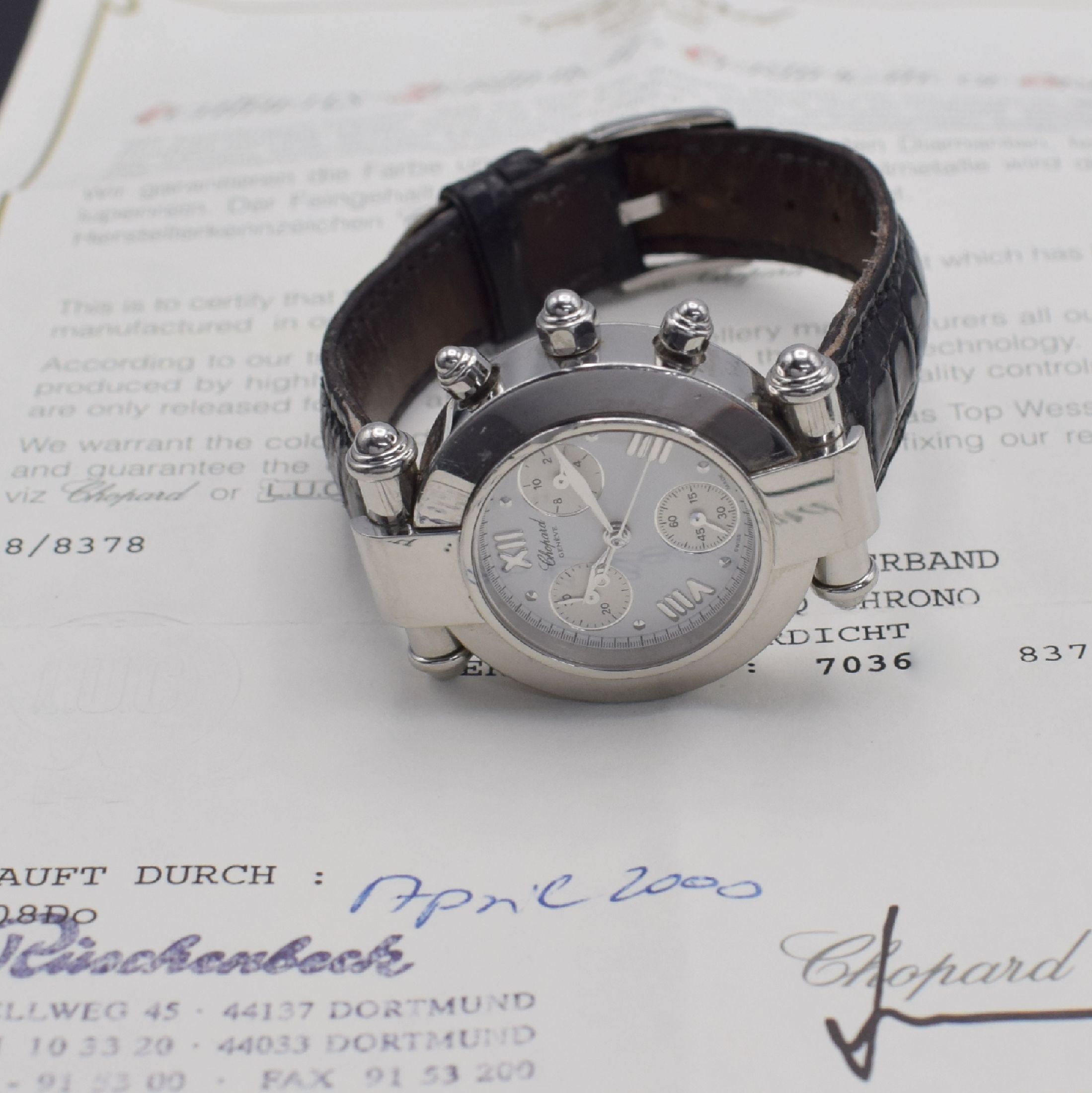 Detail e: CHOPARD Imperiale Damenarmbanduhr mit original Zertifikat Referenz 38/8378, Schweiz verk. 04/2000, quarz, Edelstahlgeh., Boden verschr., Lederband zu ...