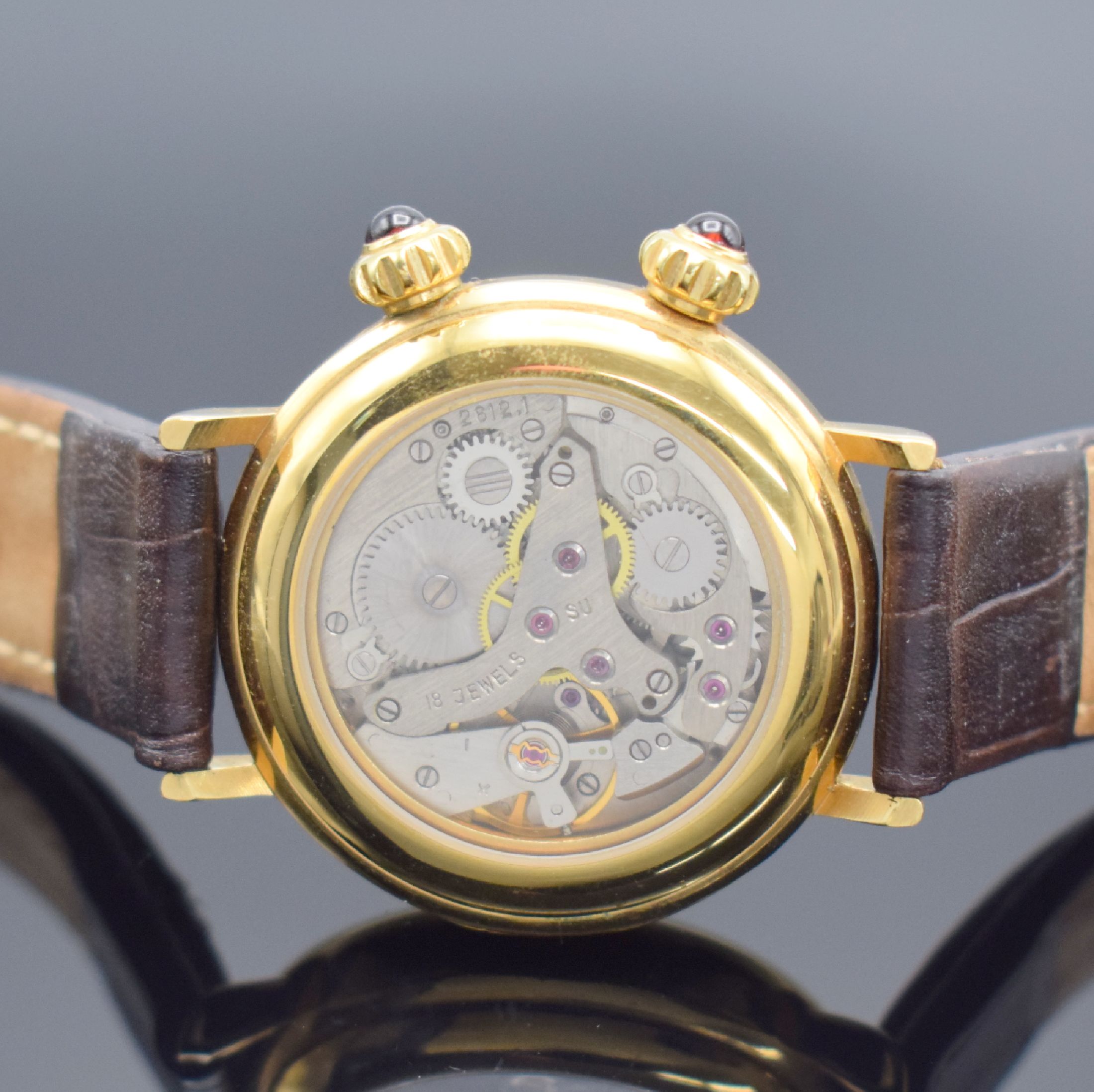 Detail c: EMKA Herrenarmbanduhr mit Wecker, Schweiz verk. lt. beil. Zertifikat 09/1995, Handaufzug, beids. vergl., verg. Gehäuse, silb. Zifferbl. m. aufges. ...