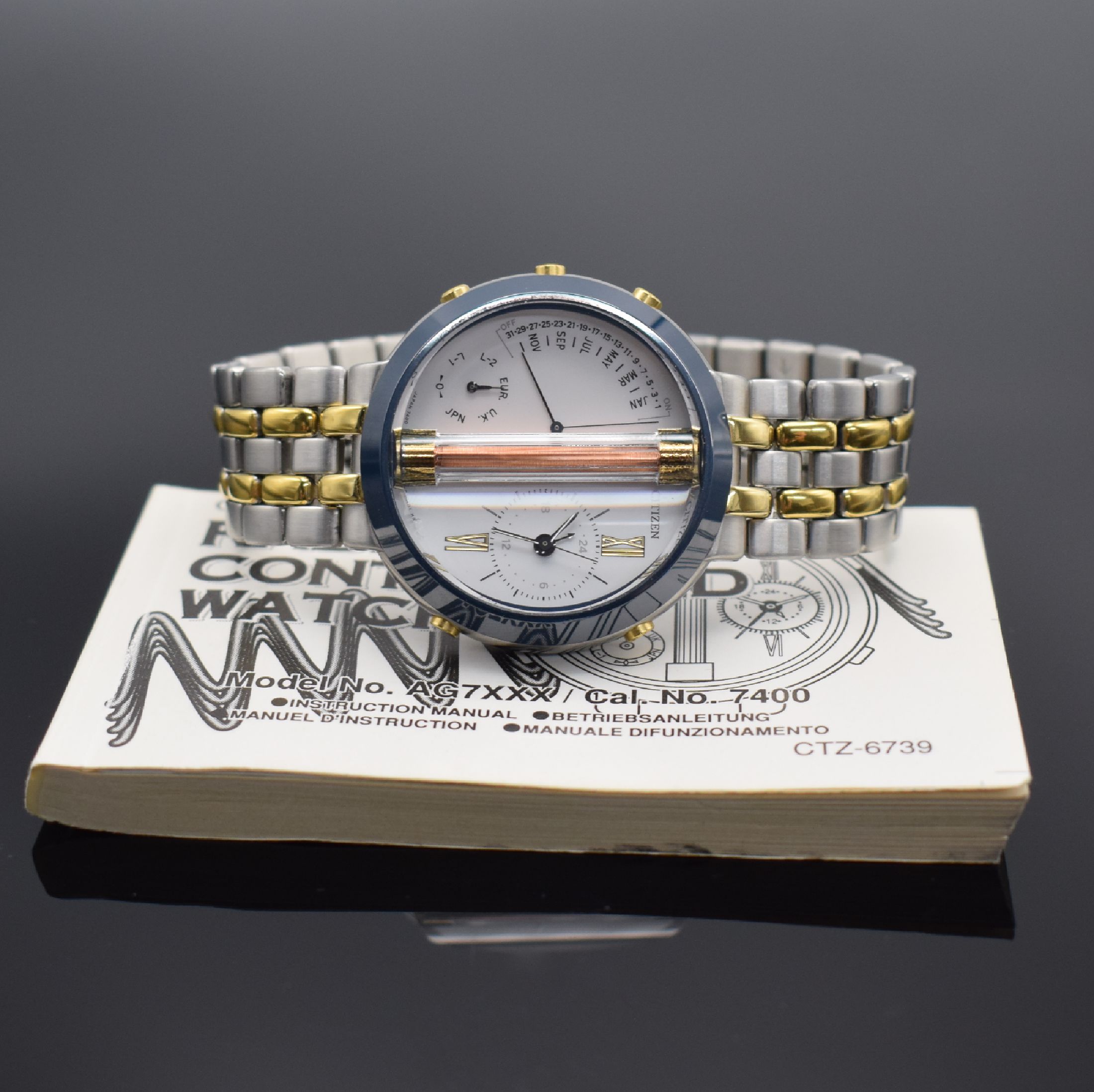 Detail f: CITIZEN frühe funkgesteuerte Herrenarmbanduhr mit orig. Garantieschein & Anleitung, Japan 09/1991, quarz, Ref. 7400-C70007 TA, Edelstahlgeh., orig. ...