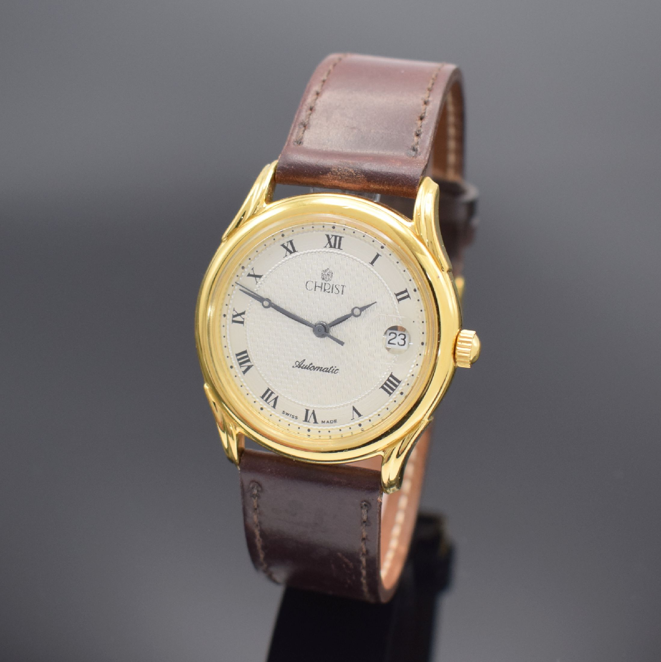 CHRIST Automatic Herrenarmbanduhr, Schweiz um 2000, Automatik, verg. Geh., vergl. Stahlboden geschr., silb. guill. Zifferbl. m. röm. Zahlen, ...