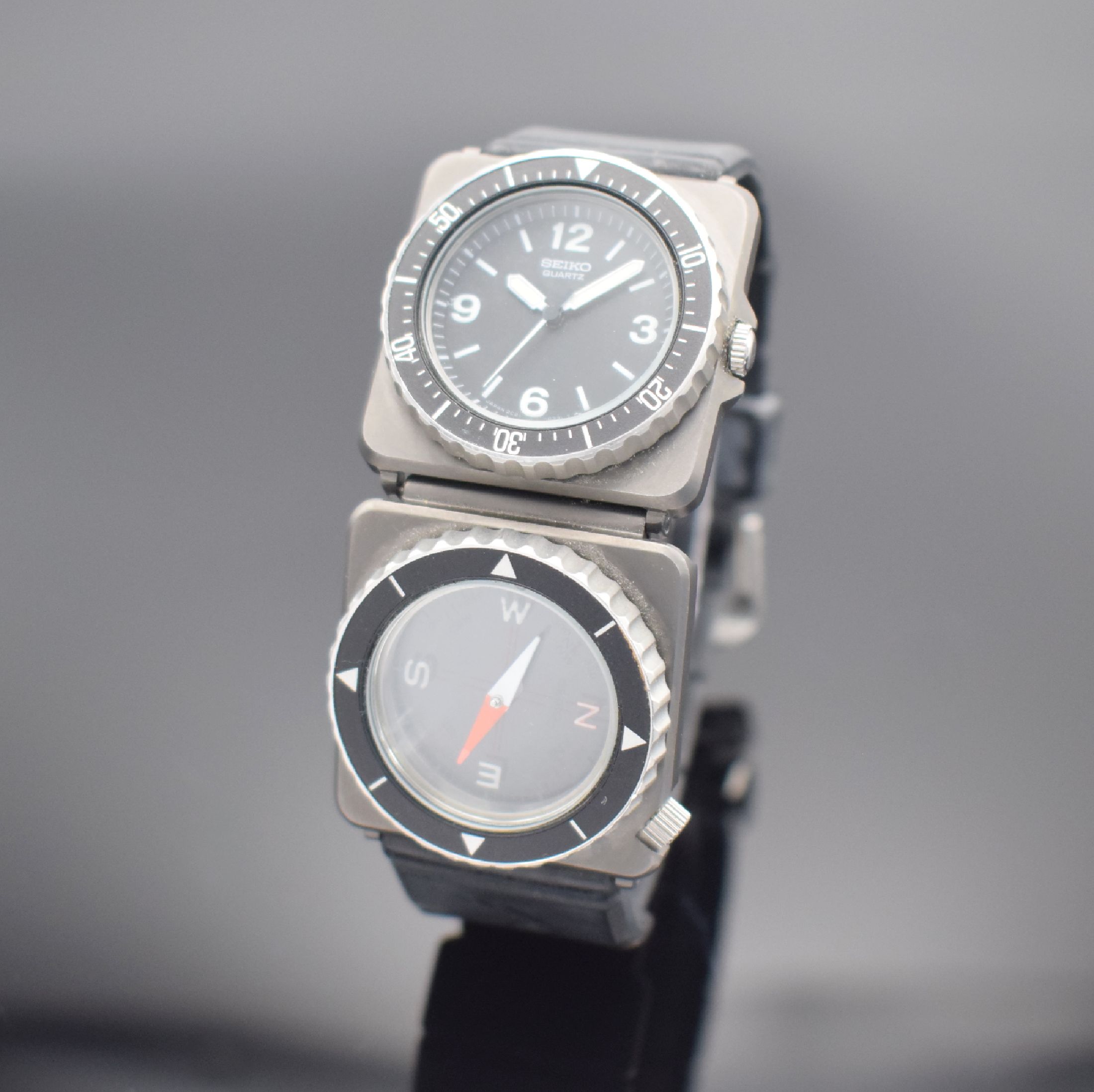 SEIKO "Contra" Field Master seltene Armbanduhr mit Kompass Referenz 2C21-0080, Japan um 1985, quarz, Titangeh., Edelstahlboden geschr., ...