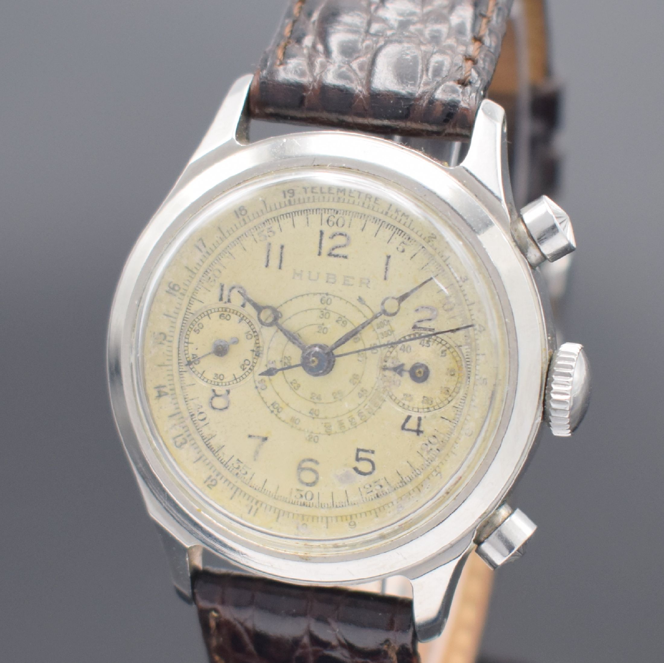 Detail a: MIDO / MINERVA Multichrono sehr seltene Herrenarmbanduhr mit Chronograph, Schweiz um 1945, Handaufzug, Stahlgeh., sign. Boden geschr., orig. Drücker ...