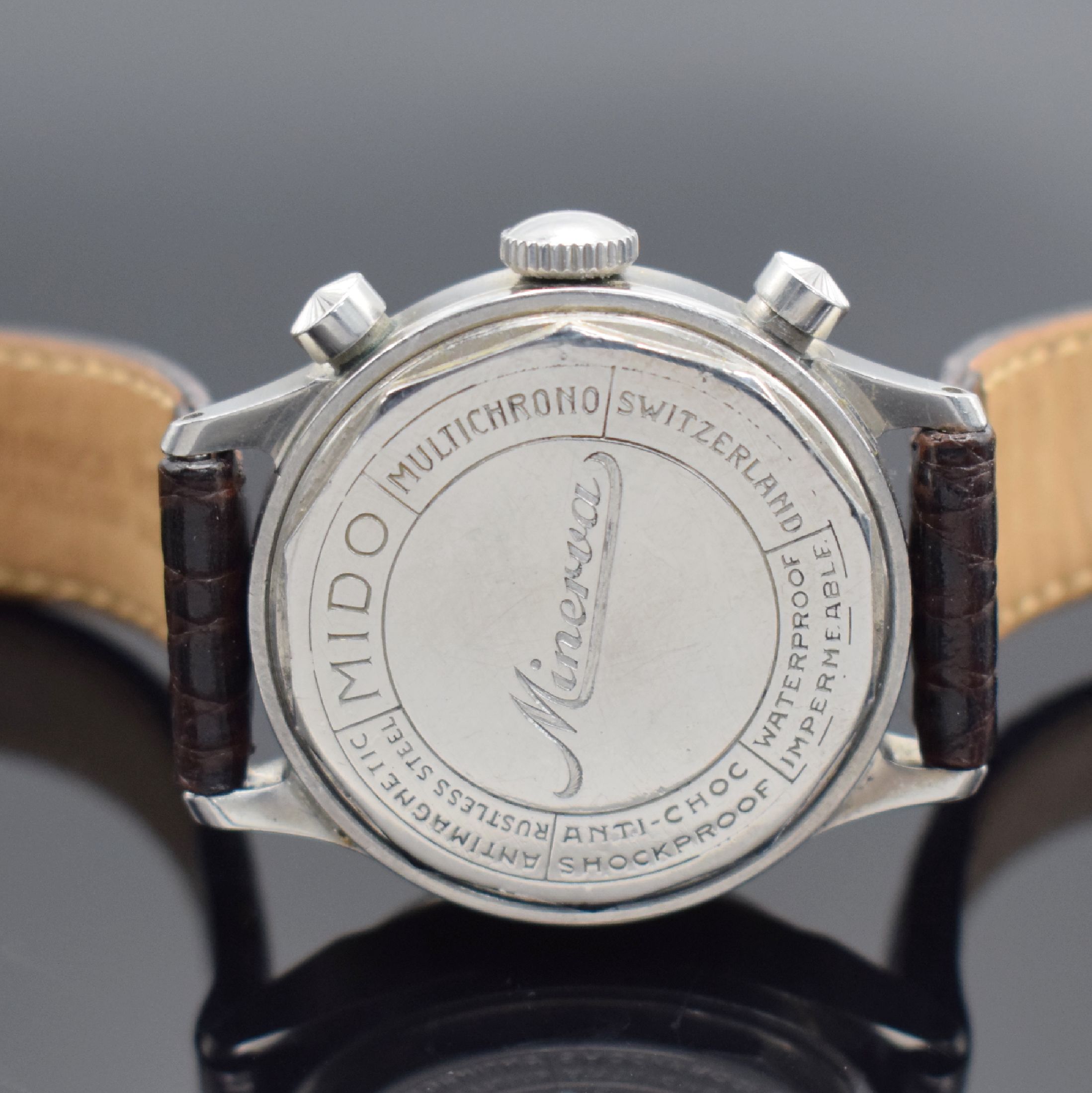 Detail c: MIDO / MINERVA Multichrono sehr seltene Herrenarmbanduhr mit Chronograph, Schweiz um 1945, Handaufzug, Stahlgeh., sign. Boden geschr., orig. Drücker ...