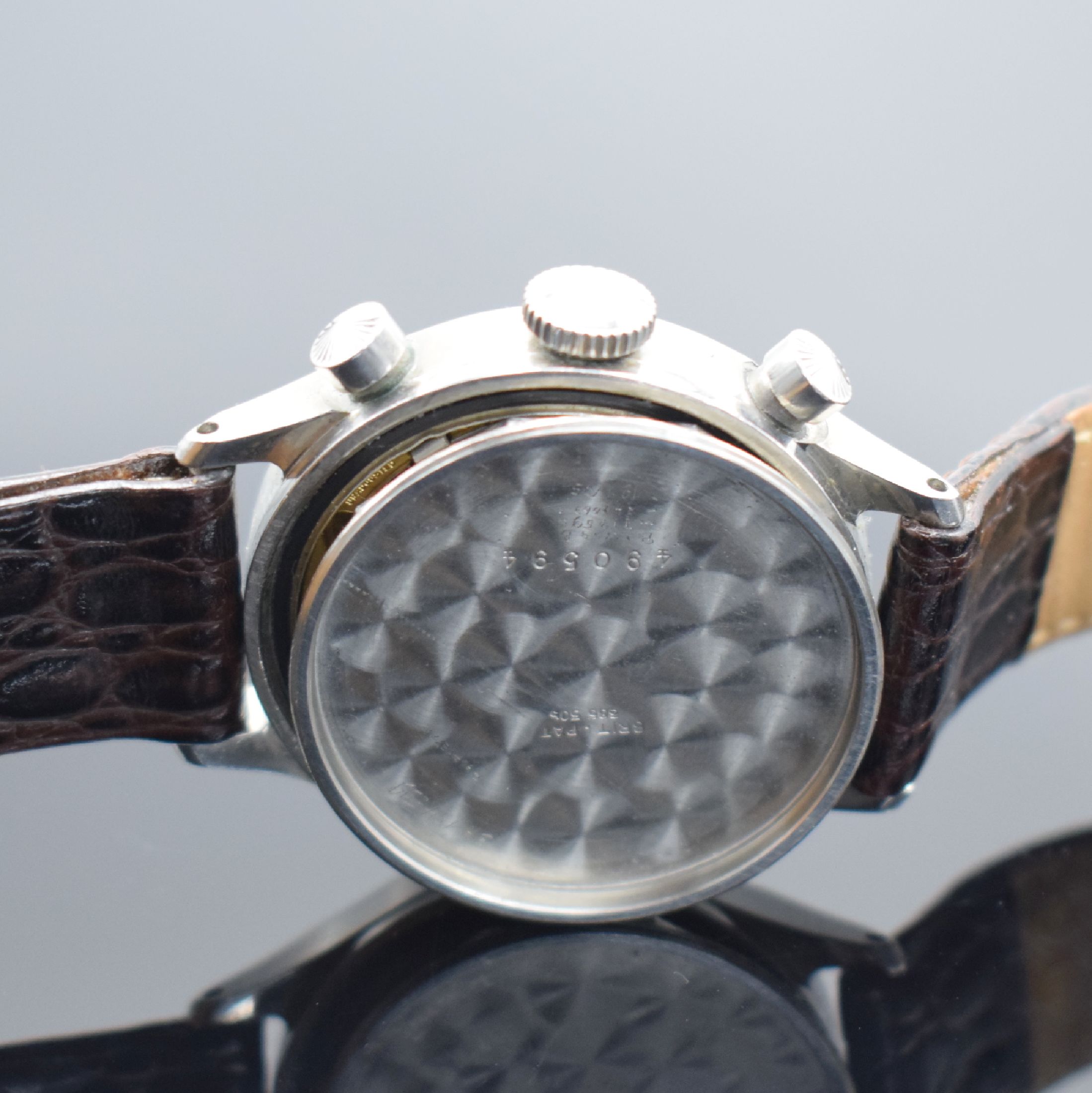 Detail f: MIDO / MINERVA Multichrono sehr seltene Herrenarmbanduhr mit Chronograph, Schweiz um 1945, Handaufzug, Stahlgeh., sign. Boden geschr., orig. Drücker ...