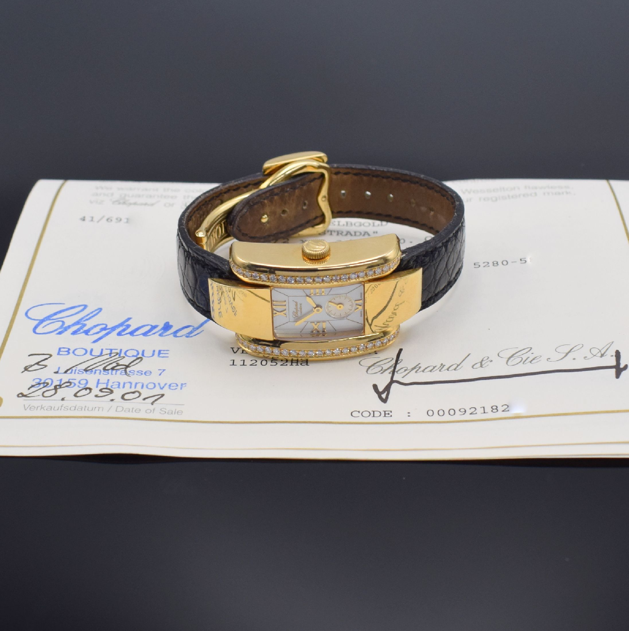 Detail f: CHOPARD La Strada Damenarmbanduhr in GG 750/000 Referenz 6914, Schweiz verk. lt. beil. Zert. 09/2001, quarz, massives gewölbtes Geh. beids. aufw. m. ...