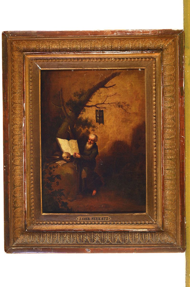 Detail k: Unbekannter Künstler des 18. Jh., Eremit im Wald, lesend und den Rosenkranz betend, Öl/Lwd, rest., doubl., ca. 30x23cm, R. ca. 43x35cm, Rahmen mit ...