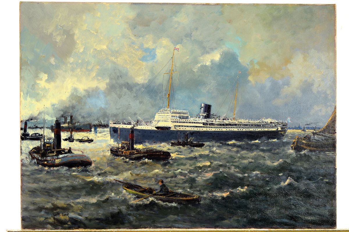 Detail k: Juriaen Marinus van Beek, 1879-1965, Im Hafen von Rotterdam, Öl/Lwd, links unten signiert, ca. 50x70cm