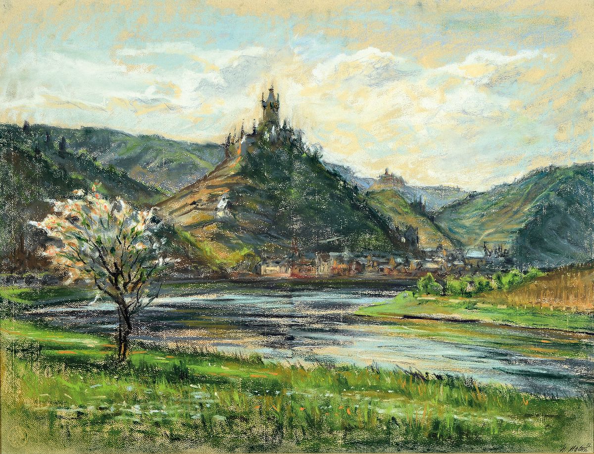H. Matern, datiert (19)57, Blick auf Burg Cochem an der Mosel, Pastell auf Bütten, rechts unten signiert und dat., ca. 47x62cm, u.Gl., R. ca. 58x73cm