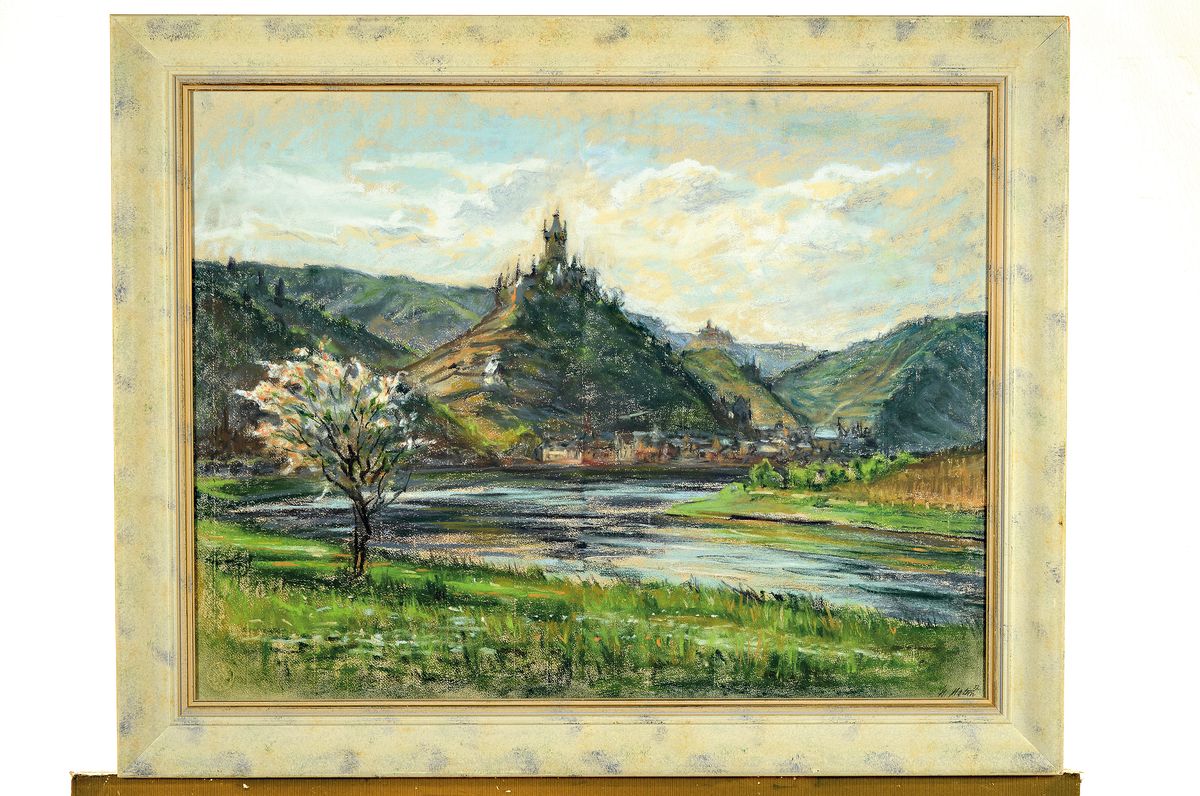 Detail k: H. Matern, datiert (19)57, Blick auf Burg Cochem an der Mosel, Pastell auf Bütten, rechts unten signiert und dat., ca. 47x62cm, u.Gl., R. ca. 58x73cm