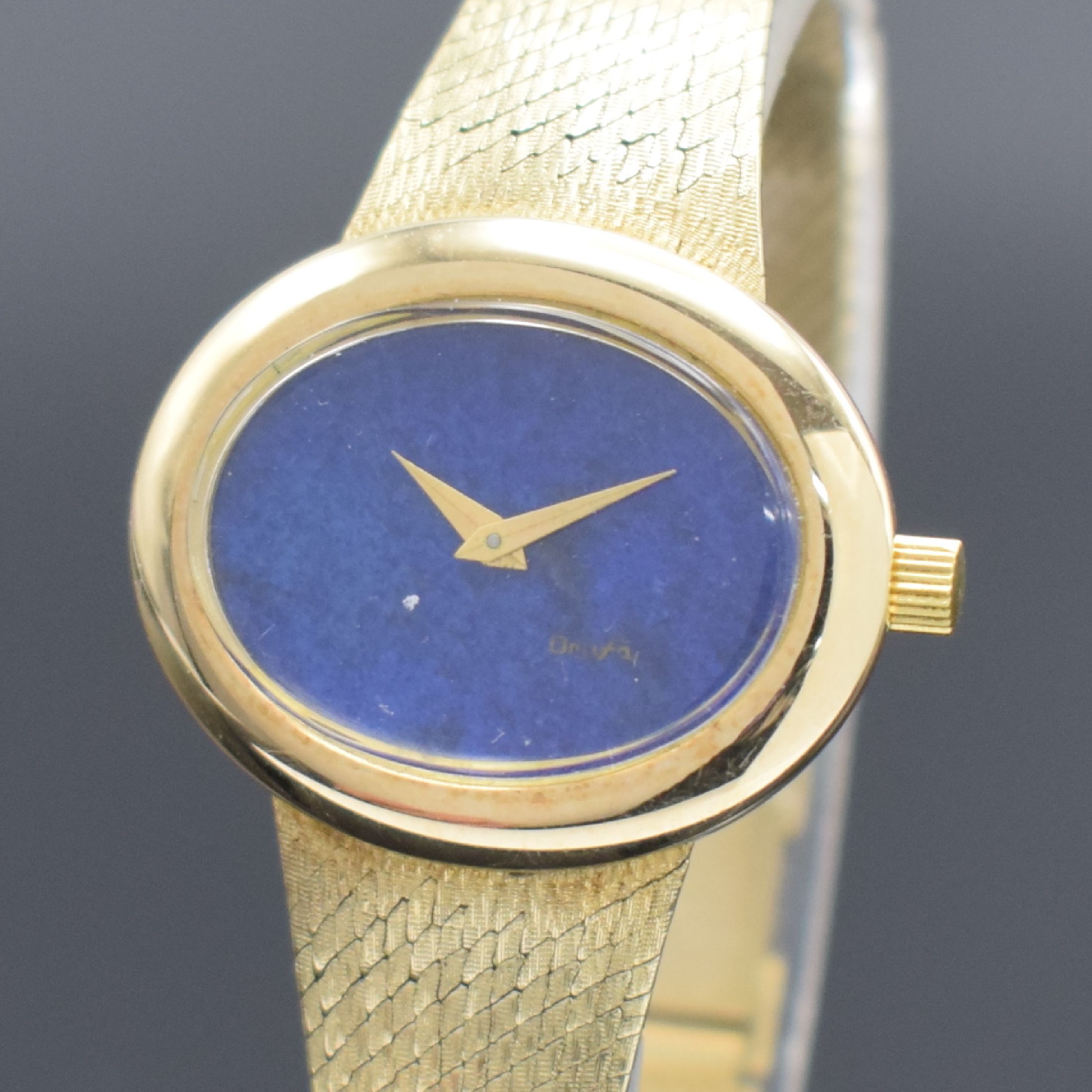 Detail a: ORAFA Damenarmbanduhr in GG 585/000, Schweiz um 1965, Handaufzug, Boden aufgedr., Lapislazuli-Zifferblatt riss., gold. Zeiger, Kal. AS 1977, 17 St., ...