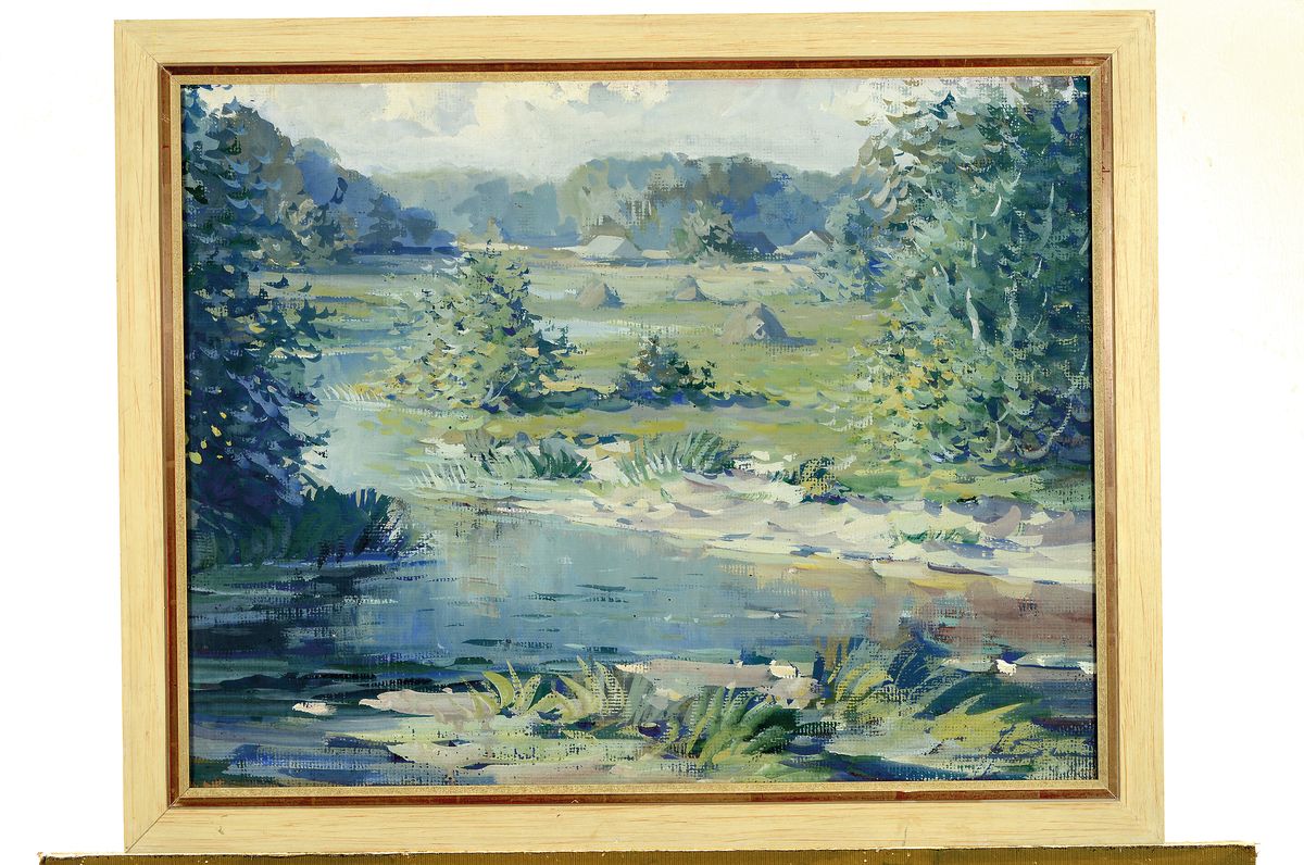 Detail k: Arnolds Spalvins, 1911-1948, litauischer Künstler, Flusslandschaft mit Bäumen, im Hintergrund eine Ortschaft, ca. 47x60cm, u.Gl., R. ca. 52x65cm