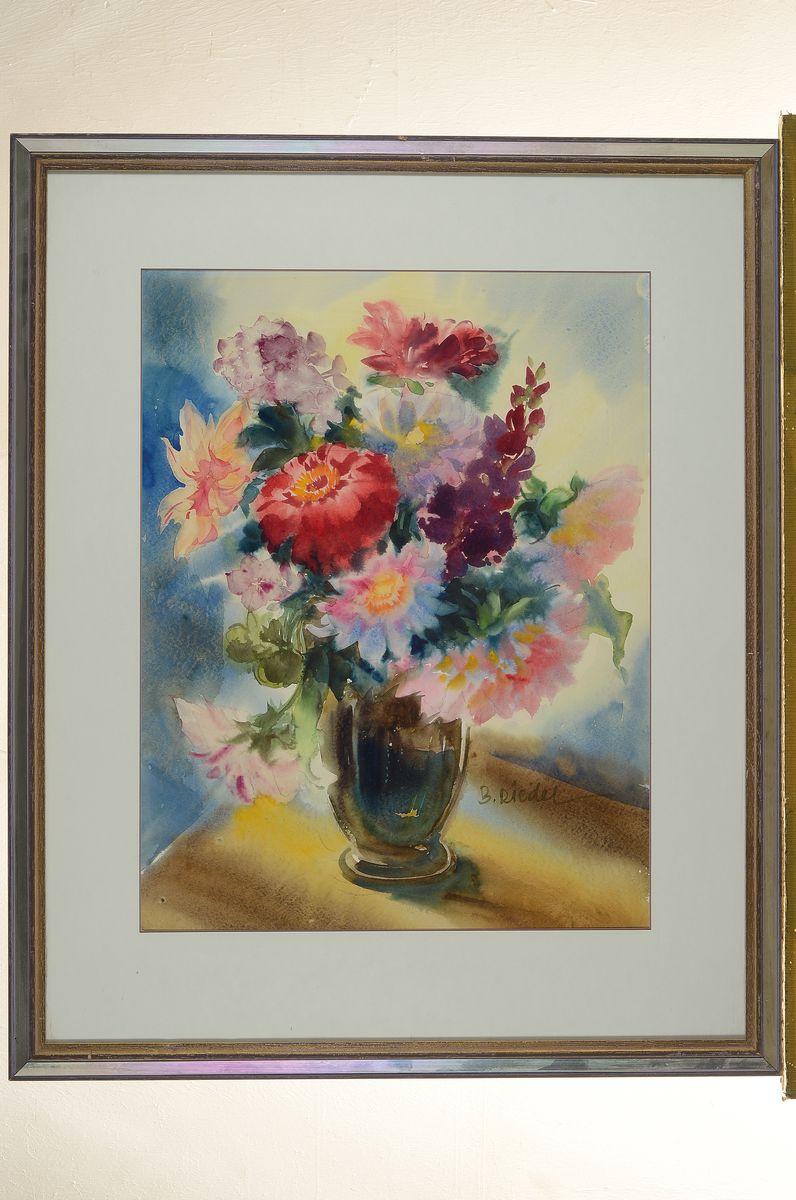 Detail k: B. Riedel, zeitgenössischer Künstler, üppiges Blumenstillleben, Aquarell auf Papier, rechts unten signiert, ca. 52x40cm, PP, u.Gl., R. ca. 74x61cm
