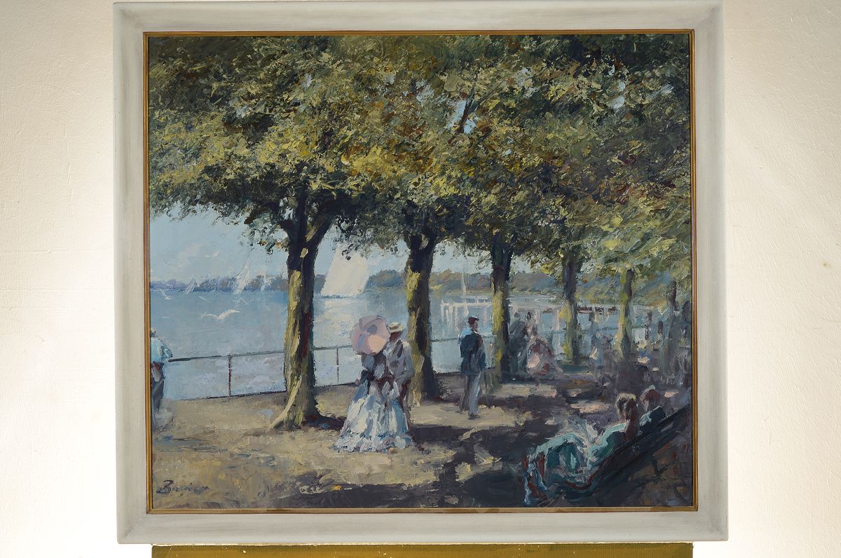 Detail k: Unbekannter Künstler des 20. Jh., Flanierende Menschen unter Bäumen einer Uferpromenade, Öl/Lwd, impressionistische Malweise, links unten ...