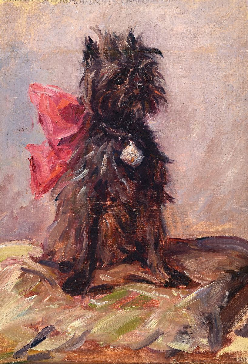 Unbekannter Künstler, wohl Frankreich, um 1900, Porträt eines Hundes mit großer Schleife, Öl/Lwd, rechts unten unleserlich signiert, ca. 50x34cm, ...
