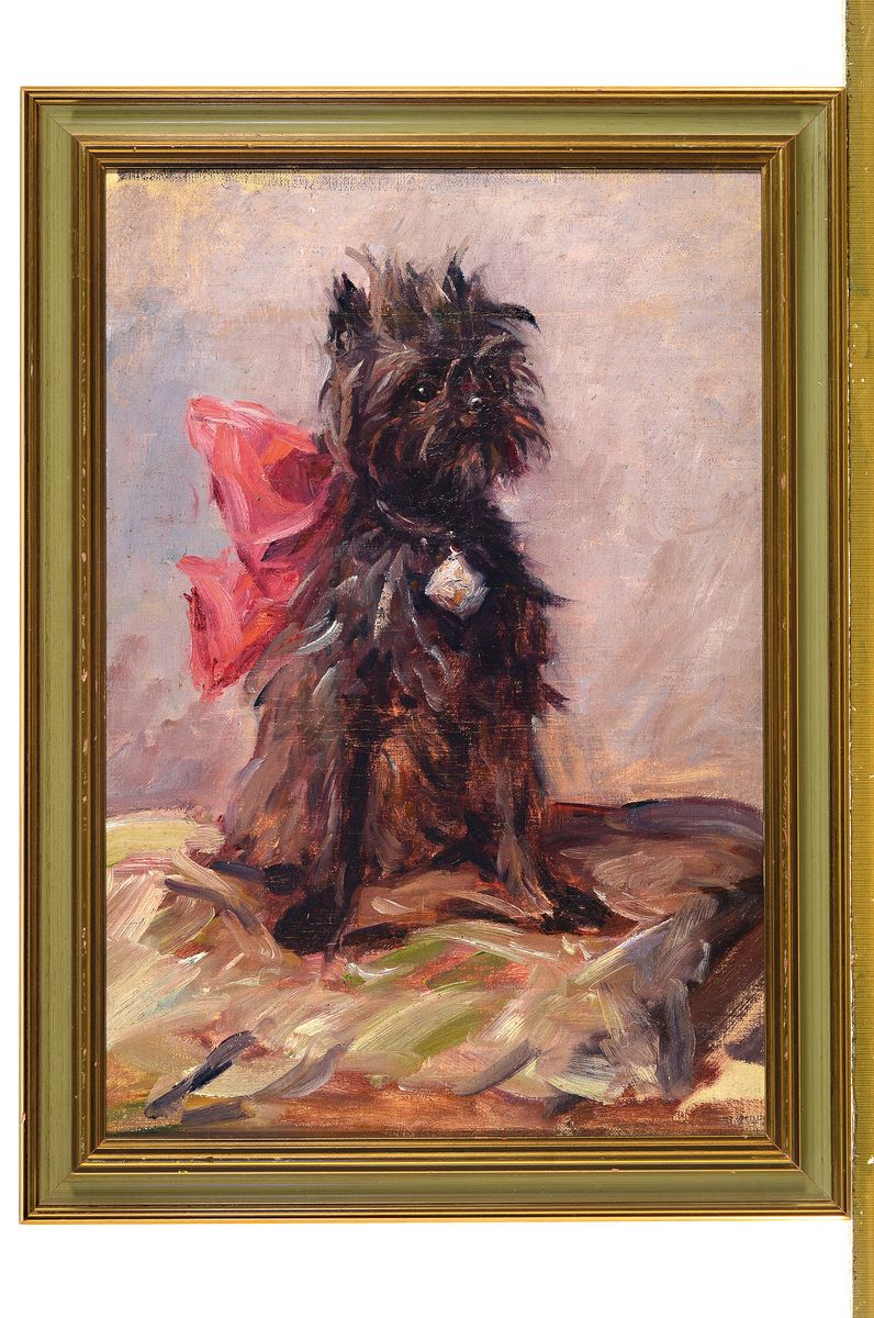 Detail k: Unbekannter Künstler, wohl Frankreich, um 1900, Porträt eines Hundes mit großer Schleife, Öl/Lwd, rechts unten unleserlich signiert, ca. 50x34cm, ...