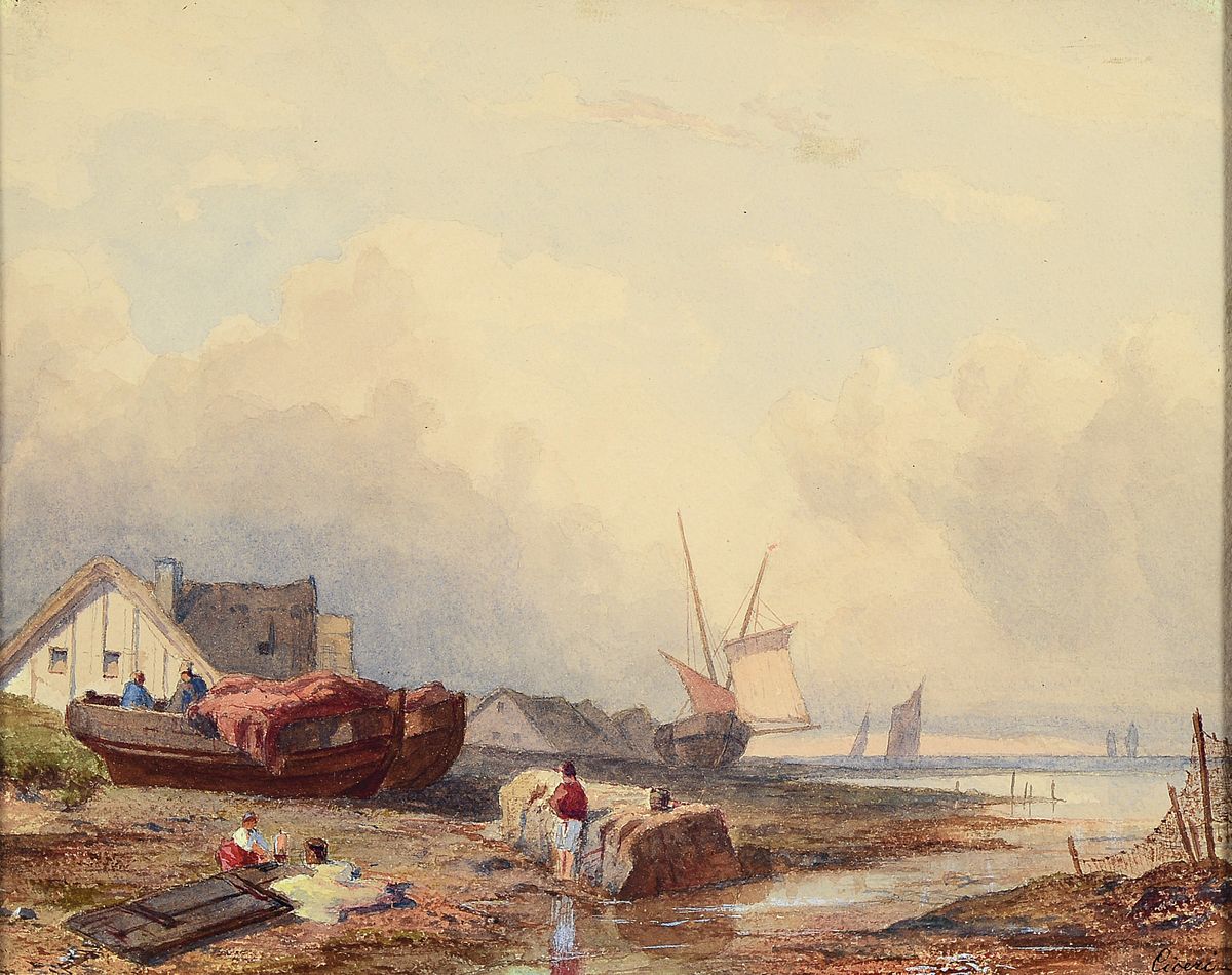 Pierre Luc Charles Ciceri, 1782 Saint-Cloud- 1868 Saint-Cheron, Fischerboote am Strand, Aquarell auf Papier, rechts unten signiert Ciceri, ca. ...
