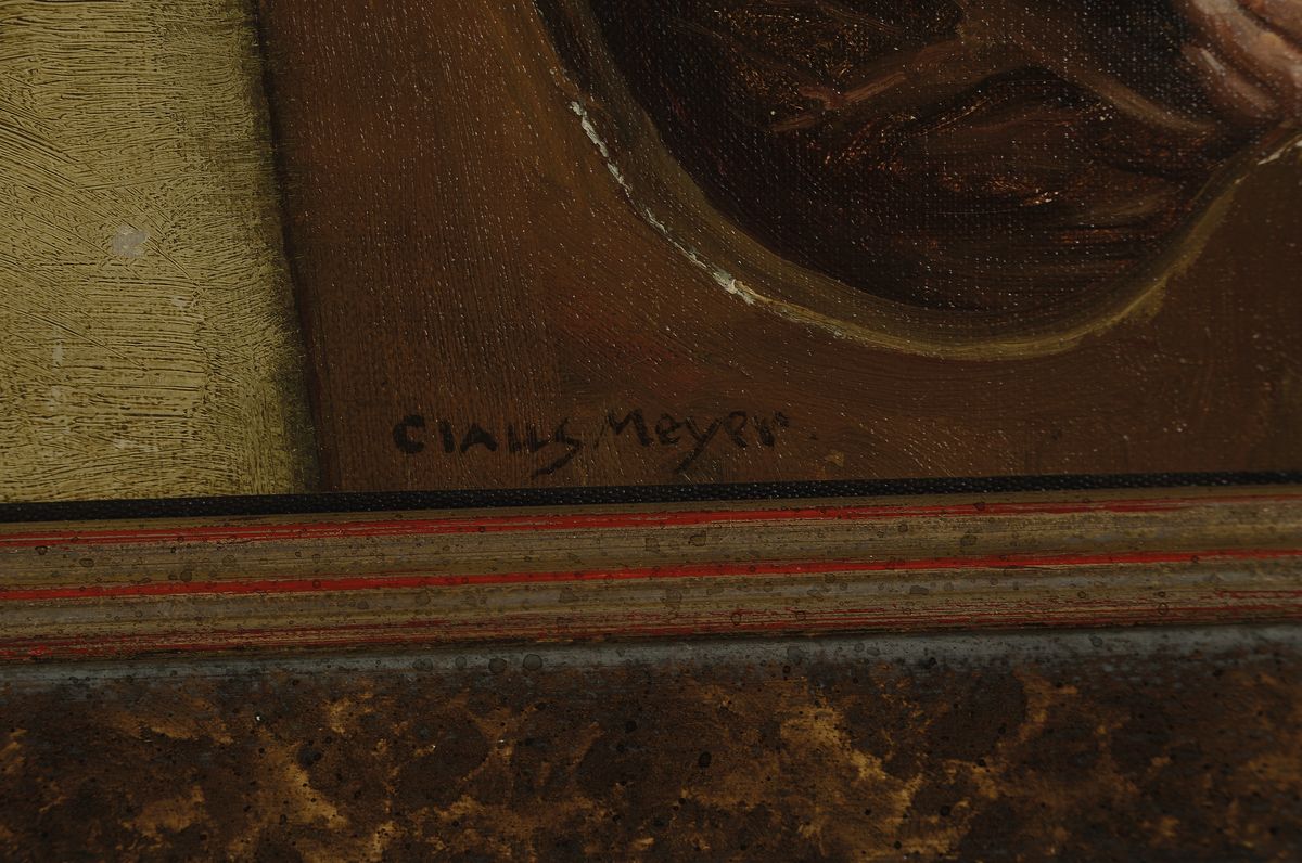 Detail a: Claus Meyer, 1865 Linden-1919 Düsseldorf, zwei rauchende Kavaliere, Öl/Malkarton, links unten signiert, ca. 26x21cm, R. ca. 36x31cm