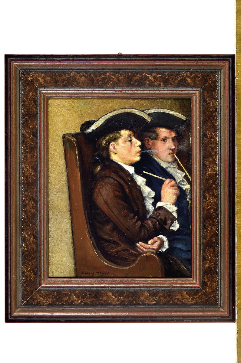 Detail k: Claus Meyer, 1865 Linden-1919 Düsseldorf, zwei rauchende Kavaliere, Öl/Malkarton, links unten signiert, ca. 26x21cm, R. ca. 36x31cm