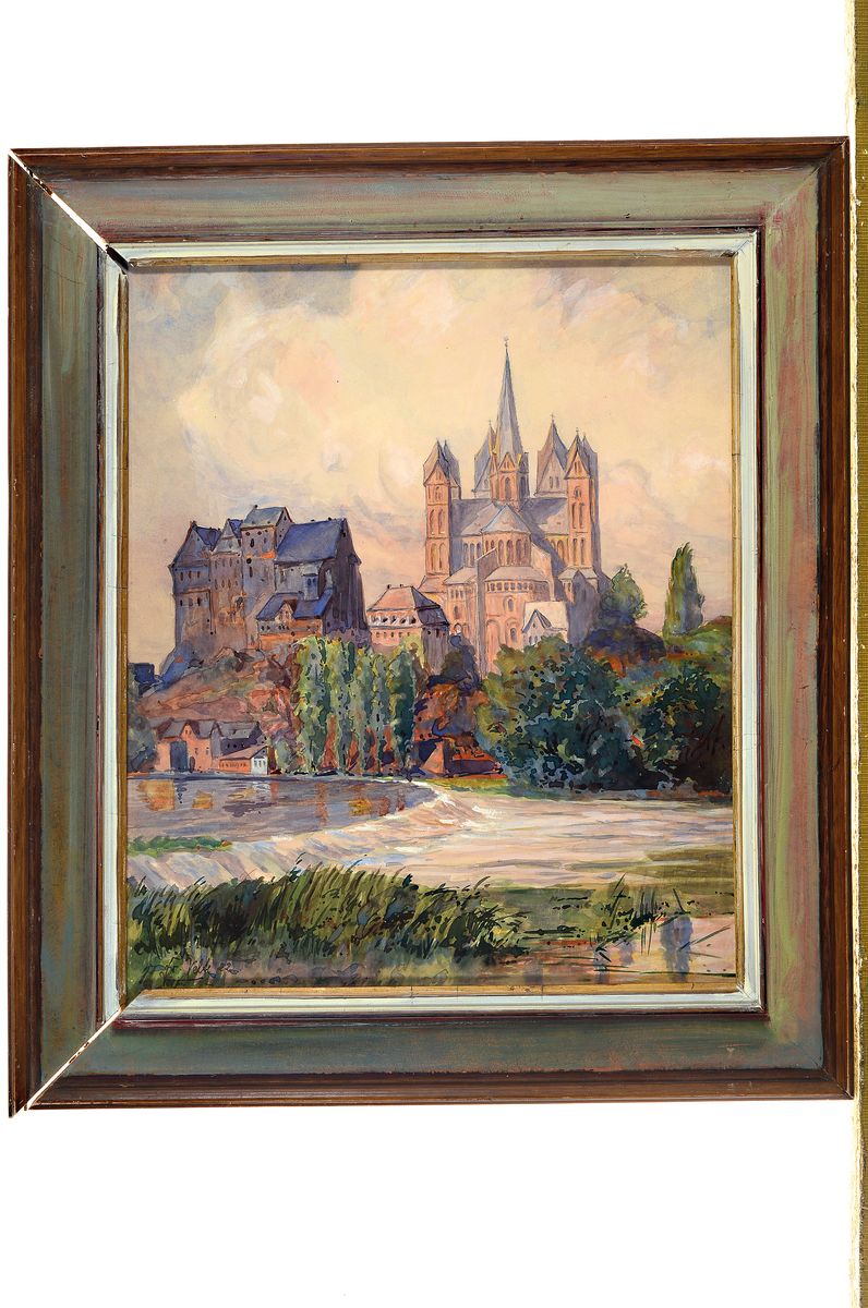 Detail k: Fritz Velte, Maler um 1900, Blick auf den Limburger Dom, Aquarell auf Papier, links unten signiert, ca. 29x24cm, u.Gl., R. ca. 38x33cm