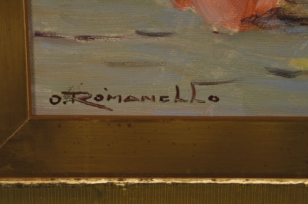 Detail a: Onelio Romanello, geb. 1926, Fidei Composizone, rückseitig so betitelt, signiert und dat. 1980, Öl/Lwd, links unten signiert, ca. 30x40cm, R. ca. ...