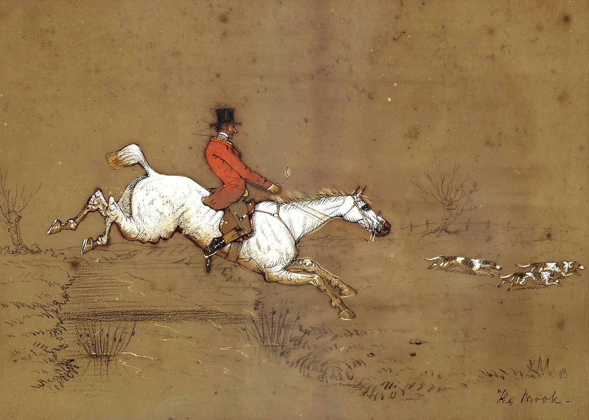 Detail a: Unbekannter Künstler, England, um 1900, drei Szenen mit Parforcejagden, Bleistiftzeichnungen mit Deckweiß und roter Gouache gehöht, je ca. ...