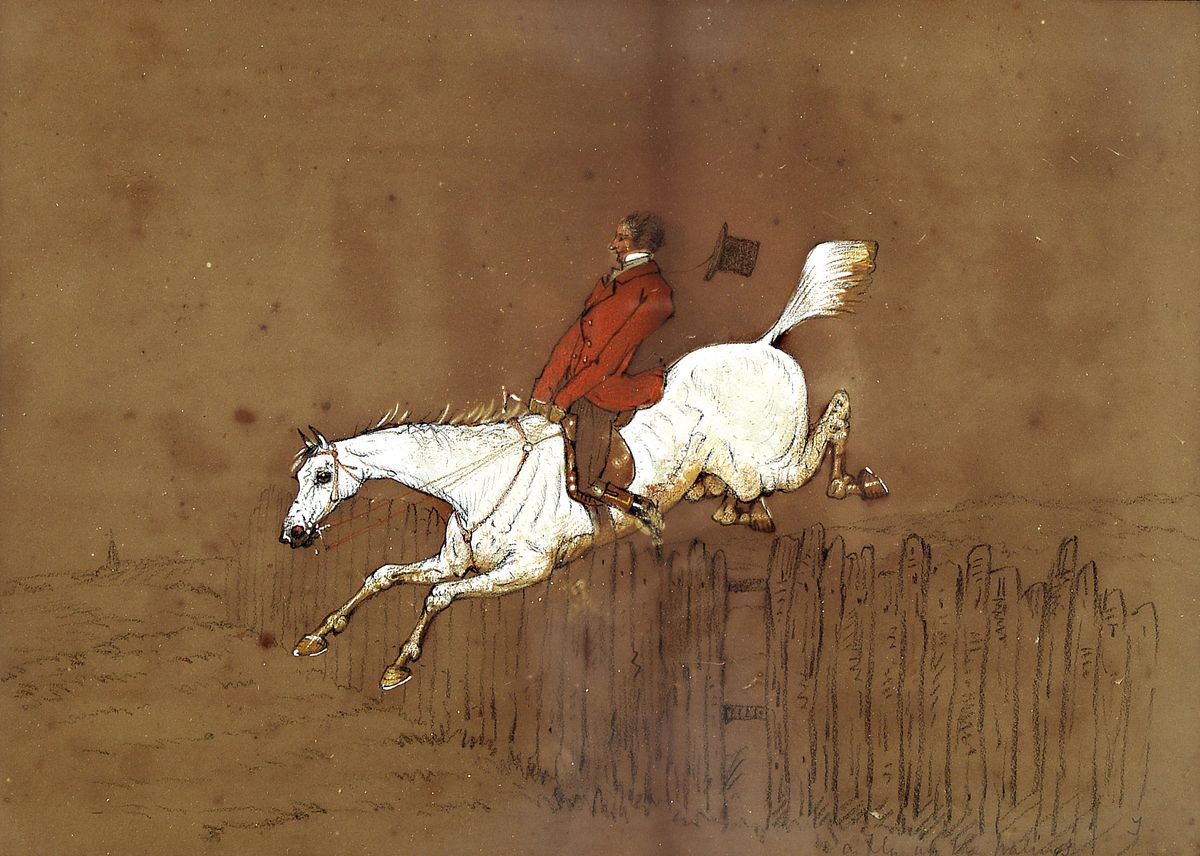 Detail b: Unbekannter Künstler, England, um 1900, drei Szenen mit Parforcejagden, Bleistiftzeichnungen mit Deckweiß und roter Gouache gehöht, je ca. ...
