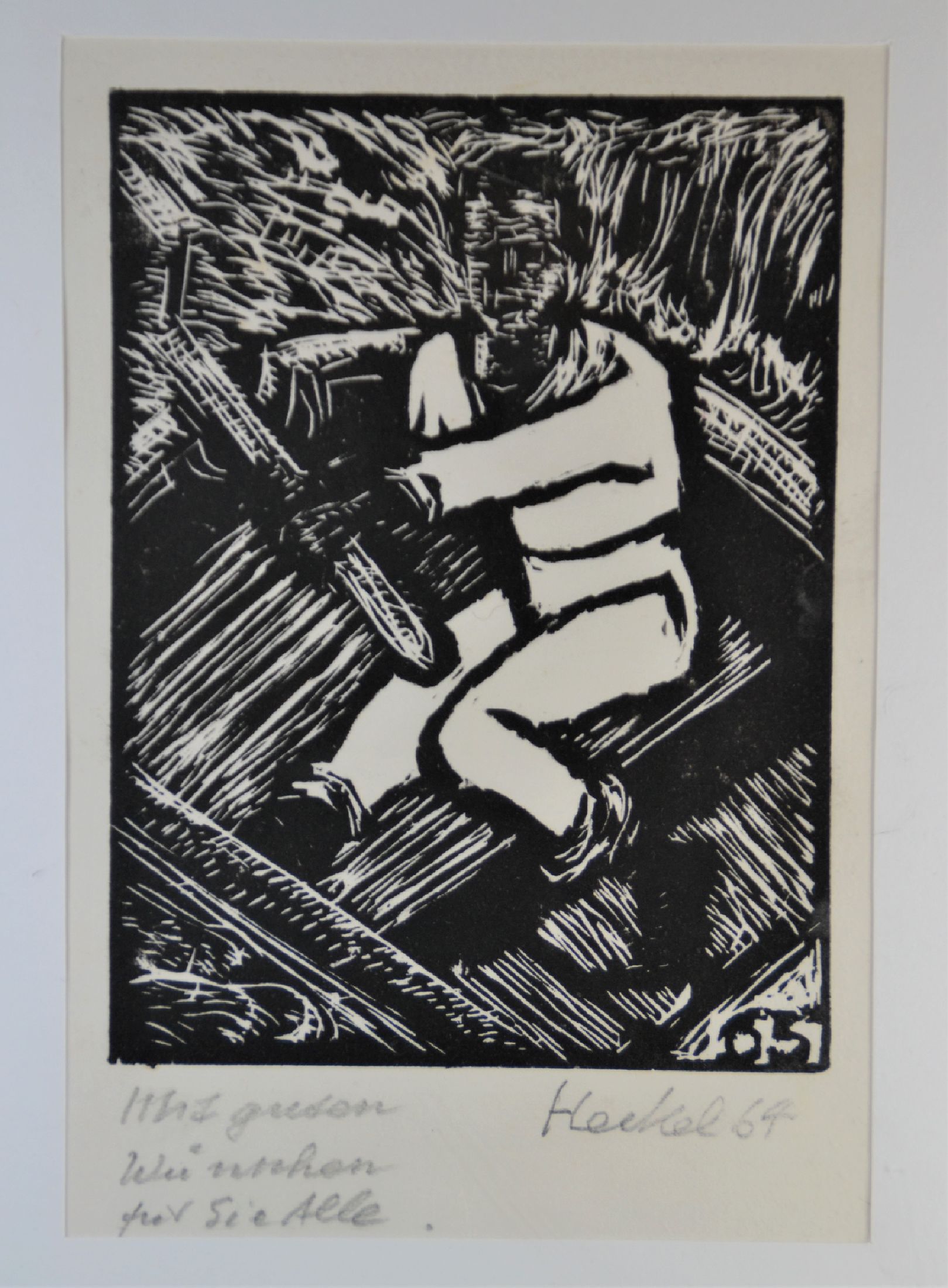 Detail a: Erich Heckel, 1883 Döbeln - 1970 Radolfzell, 34. Jahresblatt Steuermann, Neujahrskarte für 1965, Holzschnitt 1964, handsigniert und mit Widmung ...