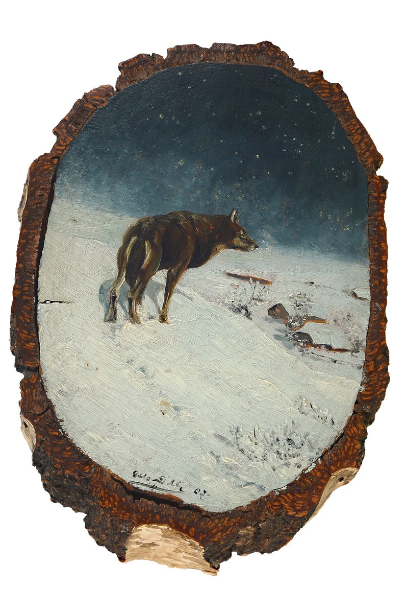Otto Dill, 1884 Neustadt an der Weinstraße-1957 Bad Dürkheim, Wolf in verschneiter Winterlandschaft, Öl auf Birkenholzscheibe mit Borke, signiert ...