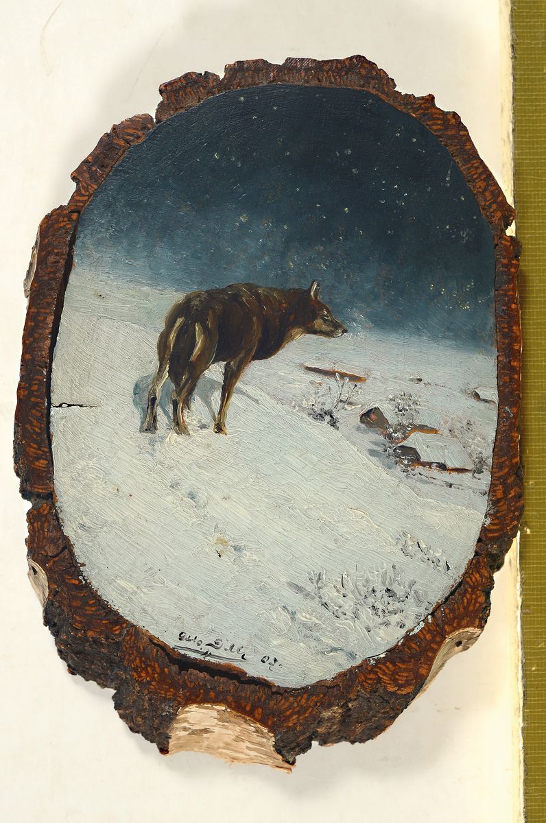 Detail k: Otto Dill, 1884 Neustadt an der Weinstraße-1957 Bad Dürkheim, Wolf in verschneiter Winterlandschaft, Öl auf Birkenholzscheibe mit Borke, signiert ...