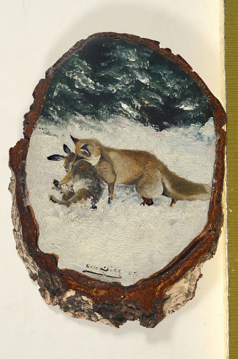 Detail k: Otto Dill, 1884 Neustadt an der Weinstraße-1957 Bad Dürkheim, Fuchs mit erlegtem Hase in verschneiter Winterlandschaft, Öl auf Birkenholzscheibe ...