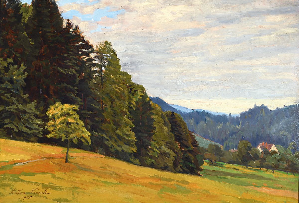 Anton Nowak, 1865 Marburg an der Drau-1932 Brünn, Hügelige Landschaft mit Wald und Bauernhaus, Öl/Malkarton, links unten sign. und dat. 1920, ca. ...