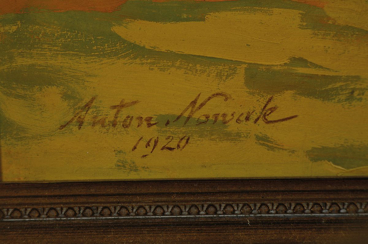Detail a: Anton Nowak, 1865 Marburg an der Drau-1932 Brünn, Hügelige Landschaft mit Wald und Bauernhaus, Öl/Malkarton, links unten sign. und dat. 1920, ca. ...