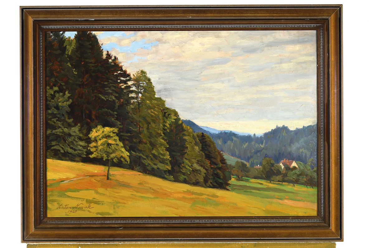 Detail k: Anton Nowak, 1865 Marburg an der Drau-1932 Brünn, Hügelige Landschaft mit Wald und Bauernhaus, Öl/Malkarton, links unten sign. und dat. 1920, ca. ...
