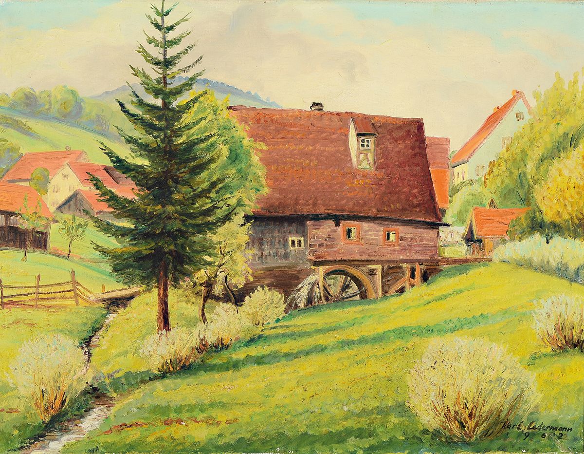 Karl Ledermann, 1905-1991, war ansässig in Dossenheim, hier 2 Gemälde in Öl/Lwd, 1x Hinterbachtal bei Olfen, signiert, datiert 1964, ca. 50x70cm, ...