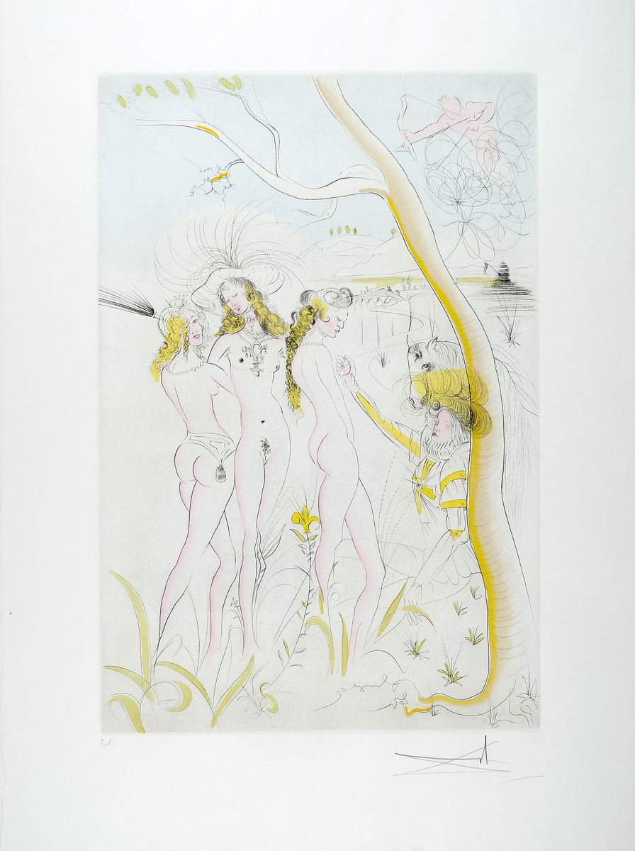 Salvador Dalí, 1904-1989, Das Urteil des Paris, Kaltnadelradierung mit Pochoir von 1971, handsigniert und bez. EA., ca. 58.5x39cm, Blattgr. ca. ...
