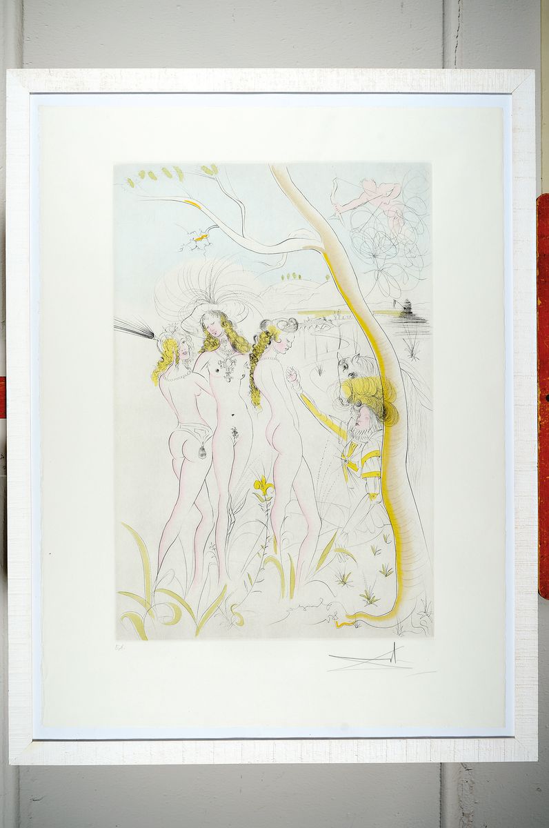 Detail k: Salvador Dalí, 1904-1989, Das Urteil des Paris, Kaltnadelradierung mit Pochoir von 1971, handsigniert und bez. EA., ca. 58.5x39cm, Blattgr. ca. ...
