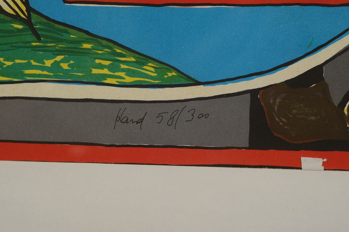 Detail c: Helmut Kand, geb. 1946, Farbsiebdruck, handsigniert und num. 58/300, Blattgr. ca. 65x48cm, rahmenloser Bildträger, Glas defekt