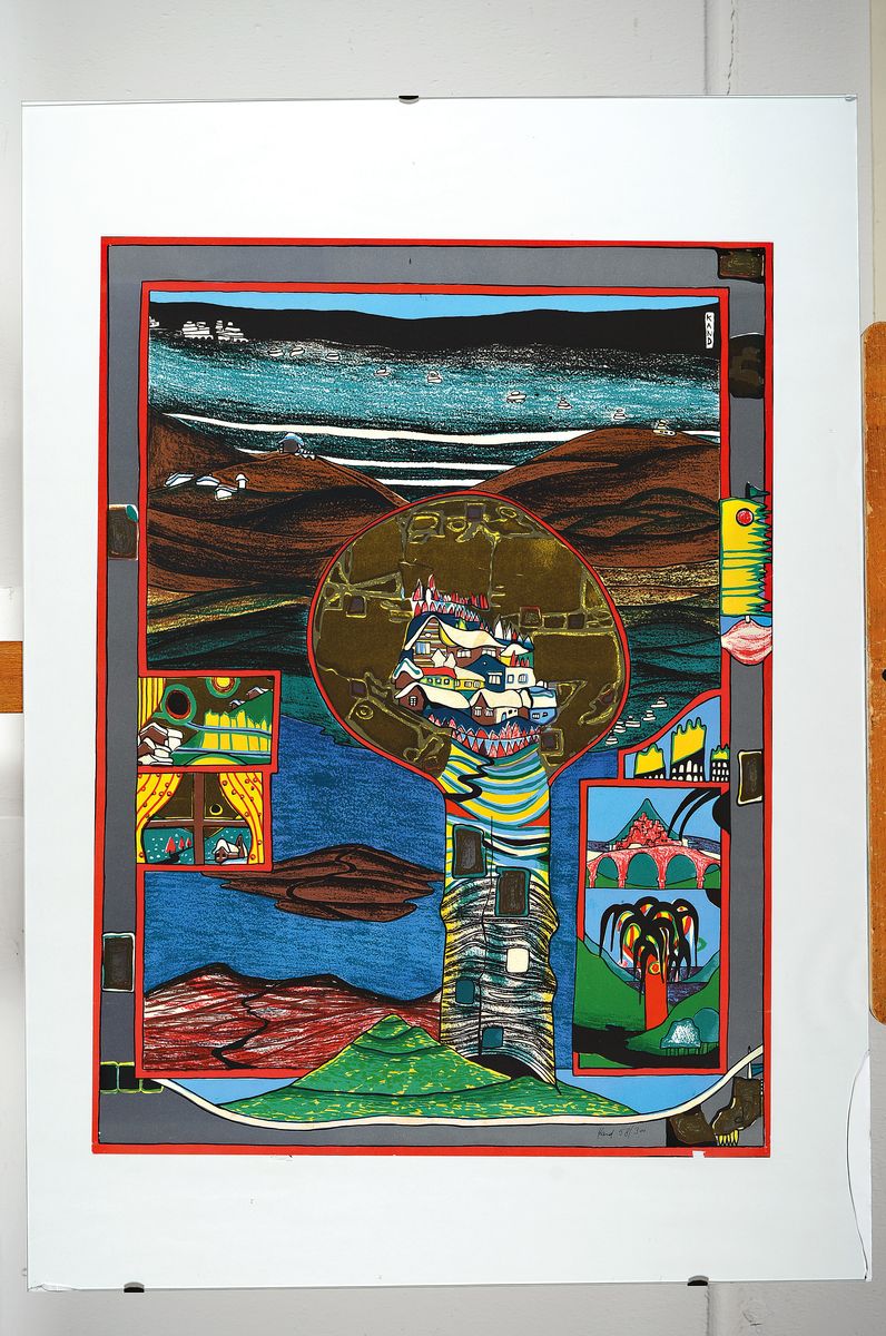 Detail k: Helmut Kand, geb. 1946, Farbsiebdruck, handsigniert und num. 58/300, Blattgr. ca. 65x48cm, rahmenloser Bildträger, Glas defekt