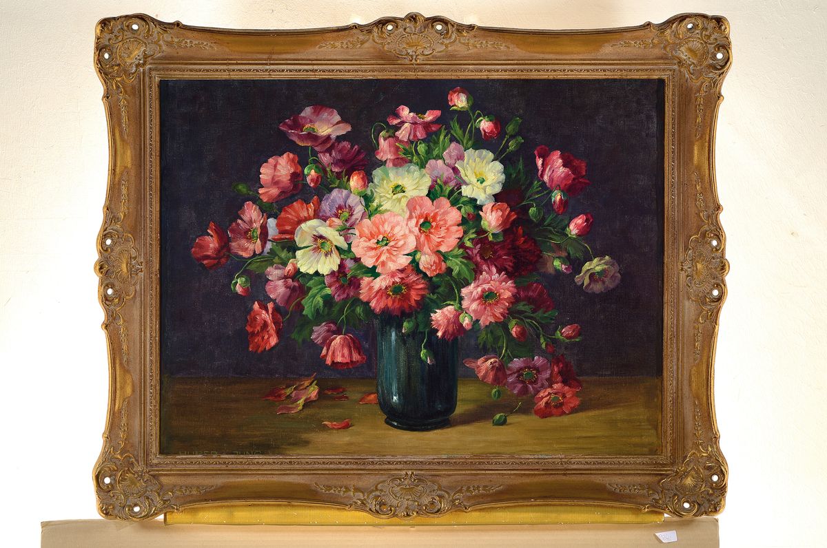 Detail k: Huber-Jung, Maler*in um 1910, Üppiges Blumenstillleben, Öl/Lwd, links unten signiert, ca. 60x80cm, R. ca. 78x98cm